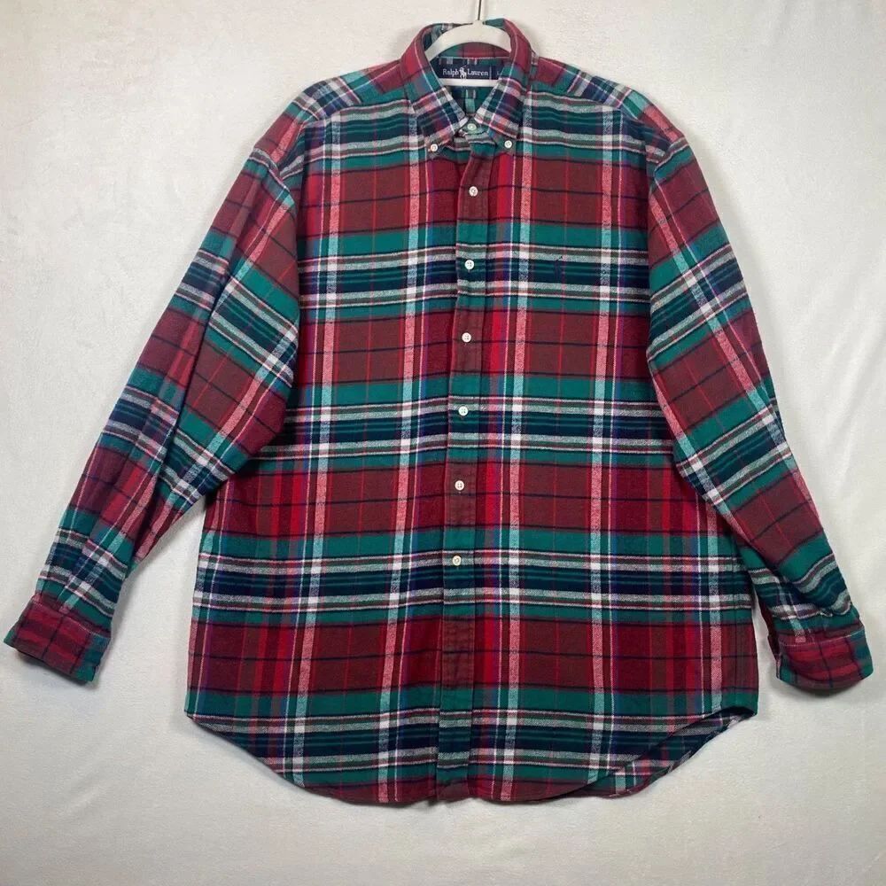 Ralph Lauren Men’s Plaid Flannel Shirt Size L Long Sleeve 100% Cotton Button Dow